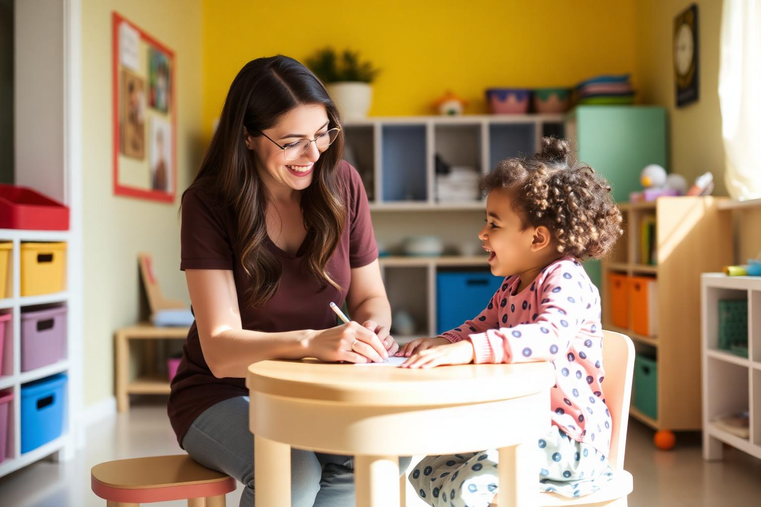 A staff member and a young child smiling together during a learning activity