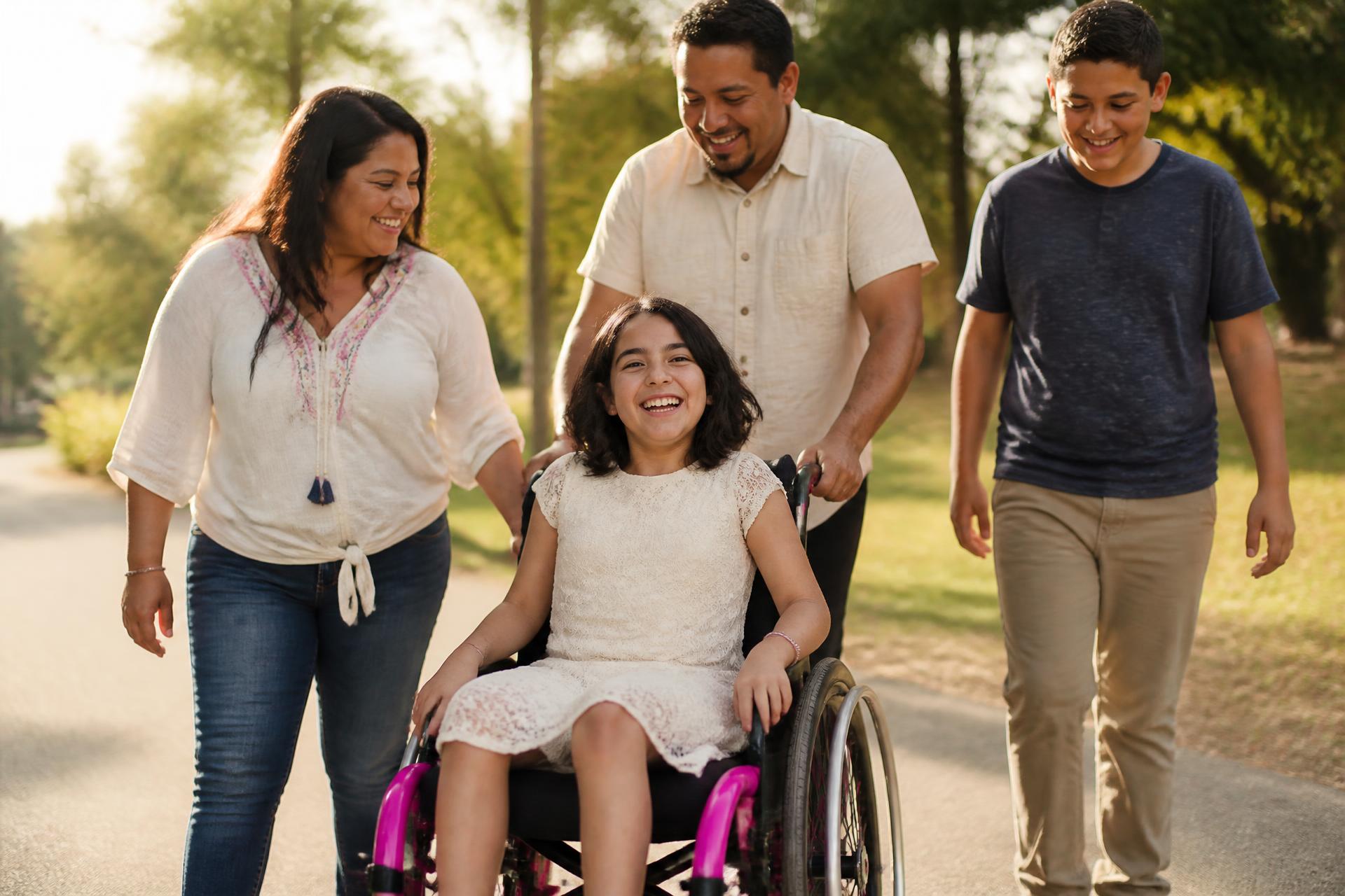 A smiling girl using a wheelchair outdoors with her family walking beside her